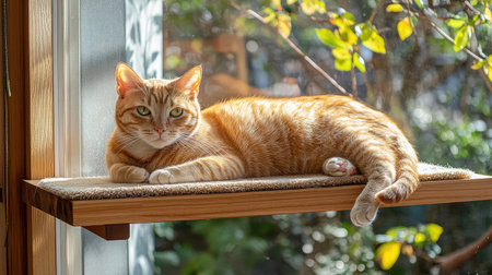 An orange tabby cat lounges comfortably on a windowsill, soaking up warm sunlight while surrounded by natural greenery, creating a serene and cozy atmosphere.の素材