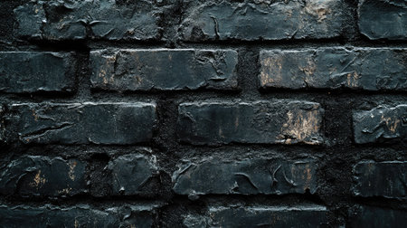 A close-up view of a dark black brick wall showcasing textured and distressed surfaces, perfect for creative urban design projects or as a striking background element.の素材