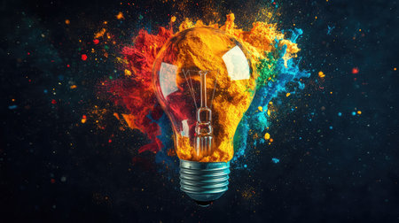 A stunning light bulb radiates creativity as it is engulfed in a vibrant explosion of colorful powder, representing innovation and the power of ideas in the art world.の素材