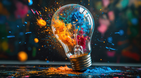 A captivating image of a light bulb bursting with colorful powder, symbolizing creativity and innovative ideas. The vibrant explosion creates a stunning visual effect.の素材