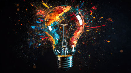 A striking image of a light bulb surrounded by vibrant paint splashes, symbolizing creativity and innovation against a dark backdrop, inspiring ideas and imagination.の素材