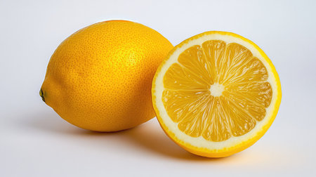 A vibrant whole lemon alongside a sliced half reveals the juicy interior, showcasing its bright yellow hue. Ideal for food, health, and cooking themes.の素材