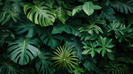 A stunning collection of various tropical leaves creates a rich, green backdrop, perfect for nature-inspired projects or eco-friendly designs that celebrate lush environments.の素材