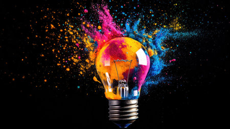 A vibrant light bulb surrounded by an explosion of colorful paint splashes against a black background, representing creativity and innovative ideas in artistic expression.の素材