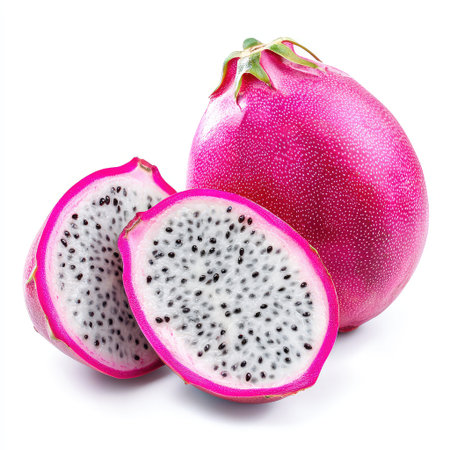 Discover the vibrant and fresh dragon fruit, showcasing its bright pink skin and unique white flesh loaded with tiny black seeds, perfect for healthy snacks and culinary adventures.の素材