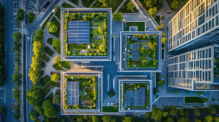 Discover an aerial perspective of a modern urban setting showcasing innovative green roofs and solar panels, blending nature with contemporary architecture for sustainability.の素材