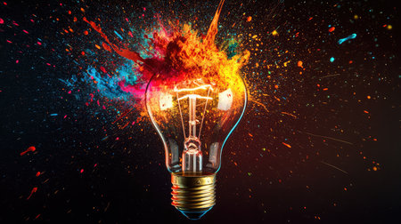 An eye-catching explosion of color from a lightbulb, symbolizing creativity and innovation. This artistic image combines energy and vibrant splashes for a unique visual impact.の素材