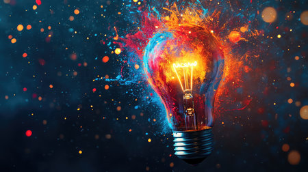 A stunning visual of a glowing light bulb surrounded by an explosion of vibrant colors, symbolizing creativity and innovation in a mesmerizing artistic display.の素材