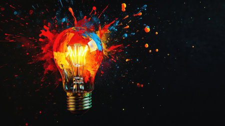 A striking image of a glowing light bulb with colorful splashes of paint, symbolizing creativity and dynamic inspiration. Perfect for artistic projects and creative concepts.の素材