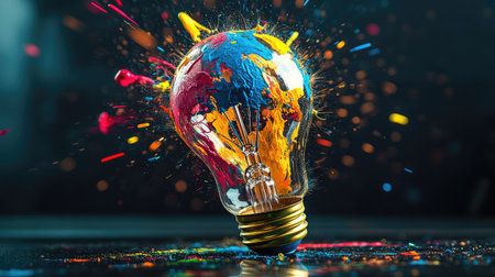 An explosive light bulb filled with vibrant colors symbolizes creativity and innovation, perfect for concepts related to ideas, art, and inspiration.の素材