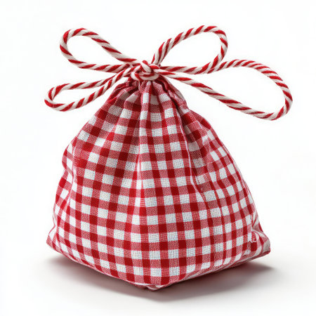 A charming red and white checkered gingham bag tied with a twisted cord, ideal for various decorative uses, gifts, and enhancing party themes with a touch of rustic style.の素材