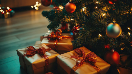 A beautifully decorated Christmas tree surrounded by wrapped gifts, creating a warm holiday atmosphere that invites joy and togetherness during the festive season.の素材