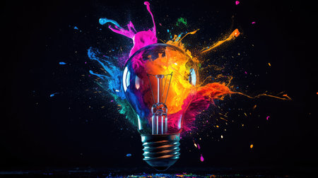 A captivating image of a light bulb surrounded by a dynamic explosion of vibrant colors, illustrating creativity and innovation against a dark backdrop.の素材