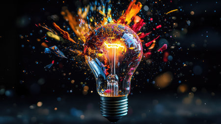 A stunning visual of a light bulb emitting a vibrant explosion of colors against a dark background, symbolizing creativity, innovation, and energy in a captivating display.の素材