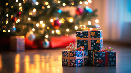 This heartwarming image captures the essence of Christmas, featuring wrapped presents in front of a shimmering tree, perfect for holiday-themed projects and festive promotions.の素材