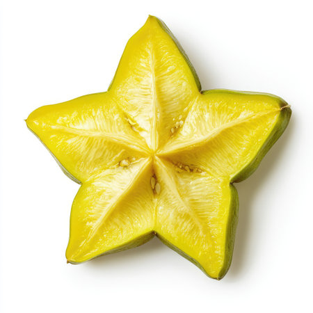 Vibrant yellow star fruit halves showcasing their unique star shape and juicy flesh, an ideal image for health, culinary, and tropical themes in various projects.の素材