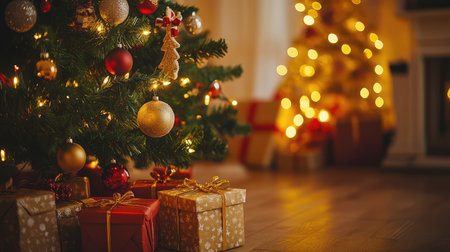 A beautifully decorated Christmas tree stands with warm lights and colorful ornaments, surrounded by elegantly wrapped gifts, creating a cozy holiday atmosphere for memorable gatherings.の素材
