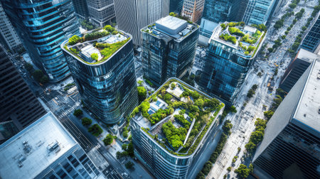 Stunning aerial view showcasing modern buildings with green roofs in an urban landscape, highlighting sustainable design and integration of nature in city living.の素材