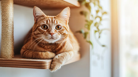 An adorable orange cat lounging comfortably on a wooden shelf, illuminated by soft natural light, creating a warm and inviting atmosphere in the home.の素材