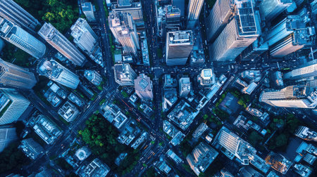 Stunning aerial view of a bustling urban cityscape, highlighting the intricate relationship between towering skyscrapers and surrounding greenery, encapsulating modern living.の素材
