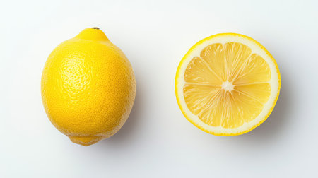 A vibrant yellow lemon, whole and sliced in half, reveals its juicy, textured interior. Perfect for culinary uses, this image captures freshness and natural appeal on a clean white background.の素材