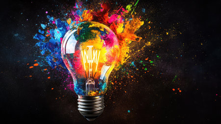 A colorful and vivid light bulb with vibrant paint splashes embodies creativity and innovation, capturing attention with its energy and artistry against a dark backdrop.の素材