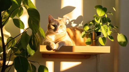 A serene moment is captured with a cat lounging on a wooden shelf, basking in warm sunlight, surrounded by vibrant green plants, enhancing a cozy interior space.の素材