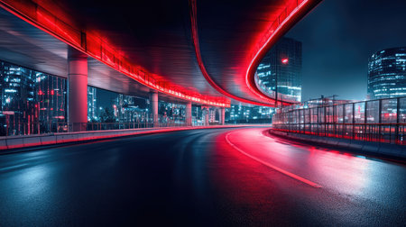 A captivating urban nighttime scene featuring a smooth road with curving red lights, surrounded by sleek modern skyscrapers and a reflective wet pavement.の素材