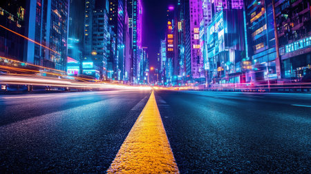 Experience a stunning night cityscape filled with vibrant neon lights and dynamic traffic. This captivating urban scene showcases modern architecture and the electric energy of city life.の素材