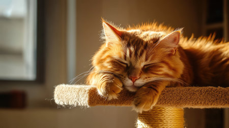 A lovely orange cat peacefully sleeps on a tall cat tree, basking in warm sunlight, showcasing its fluffy fur and relaxed demeanor in a cozy indoor setting.の素材