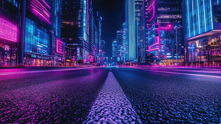 A striking view of a modern city at night, showcasing glowing neon lights and empty streets. This captivating urban scene evokes a sense of vibrancy and energy in the metropolis.の素材