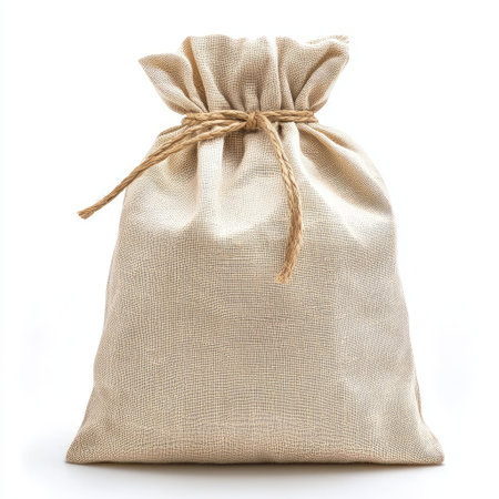 A rustic fabric bag with a twine closure, ideal for craft projects or decorative uses. The neutral tone enhances any setting, making it a charming accessory for home or events.の素材