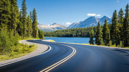 A scenic view of a winding road beside a sparkling lake, framed by lush forests and towering mountains under a bright blue sky, inviting exploration and adventure.の素材