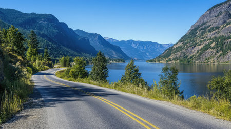 Captivating view of a winding road alongside a serene lake, embraced by mountains and clear skies, perfect for travel enthusiasts seeking nature's beauty.の素材