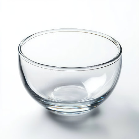 A minimalist clear glass bowl sits beautifully against a white background, perfect for showcasing food, serving at dinners, or enhancing any home decor. Ideal for photography uses.の素材