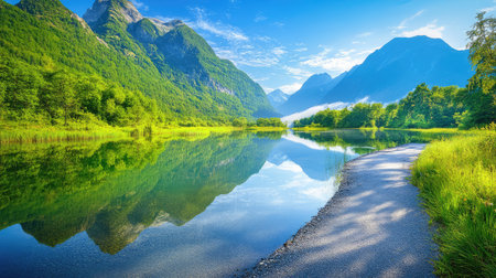 A breathtaking view of a tranquil lake surrounded by lush mountains reflects the vibrant green landscape and clear blue sky, creating a serene outdoor experience.の素材