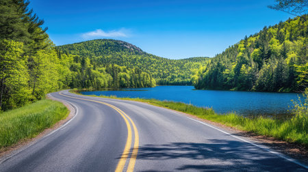 Explore a winding road bordered by lush greenery and a tranquil lake, showcasing the beauty of nature under a clear blue sky in this stunning landscape.の素材