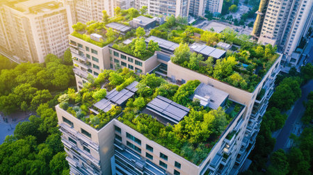 Aerial view of a modern urban building featuring a vibrant green roof with various plants and solar panels, highlighting the integration of nature in city living.の素材