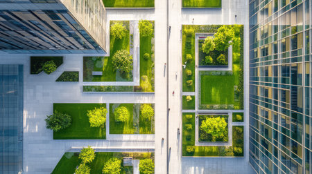 Overhead shot of a beautifully designed urban green space showcasing geometric pathways and verdant grass, complementing the modern architectural elements.の素材