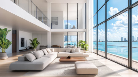 A stunning modern living room showcasing luxury with large windows offering breathtaking ocean and skyline views, creating an inviting and bright atmosphere for relaxation.の素材