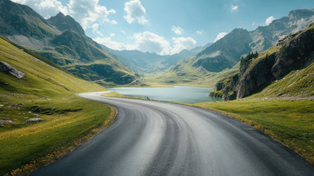 A picturesque winding road leads through vibrant green hills toward a tranquil lake, surrounded by stunning mountains under a clear blue sky. Perfect for nature lovers.の素材