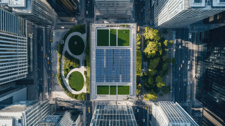 Stunning aerial view showcasing a modern city layout with solar panels on rooftops surrounded by lush greenery, perfect for themes of sustainability and urban development.の素材