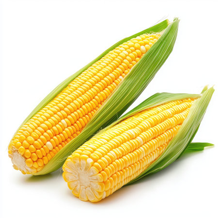 Vibrant and fresh corn on the cob showcases its bright yellow kernels and green husks, making it an ideal subject for culinary photography and healthy food illustrations.の素材