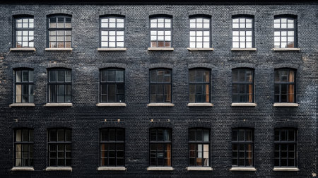 A striking image of a dark brick building featuring rectangular windows, showcasing the intricate details, textures, and historical essence of urban architecture in a city setting.の素材