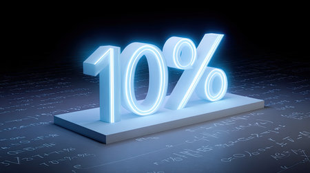 A vibrant glowing neon 10 percent sign shines against a dark background filled with mathematical formulas, representing finance and discount concepts.の素材