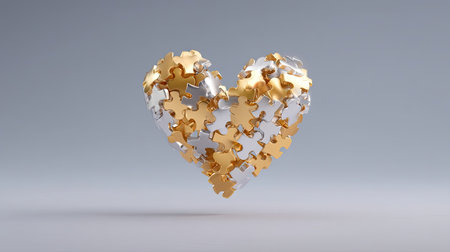 This image features a heart shape made of gold puzzle pieces, set against a minimalistic background, representing love, connection, and harmony in modern design.の素材