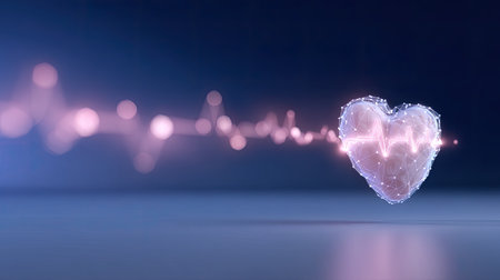 An artistic digital representation of a heart shape with a pulsating effect, conveying themes of love and health through vibrant light and dynamic lines.の素材