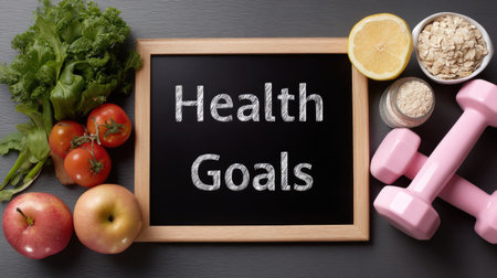 A creative flat lay image featuring fresh fruits, vegetables, and a pink dumbbell arranged with a chalkboard displaying health goals, emphasizing healthy lifestyle choices.の素材