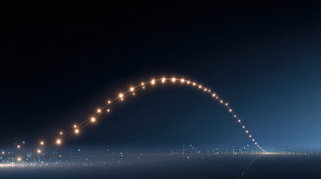 This stunning image captures illuminated arcs weaving through the night sky over a city landscape. The light trails evoke dynamic motion, creating a vibrant atmosphere filled with tranquility and elegance. Perfect for showcasing the beauty of technology and creativity.の素材