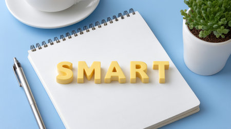 A vibrant flat lay featuring a blank notebook, a silver pen, yellow letters spelling "SMART," and a green potted plant against a soothing blue background.の素材